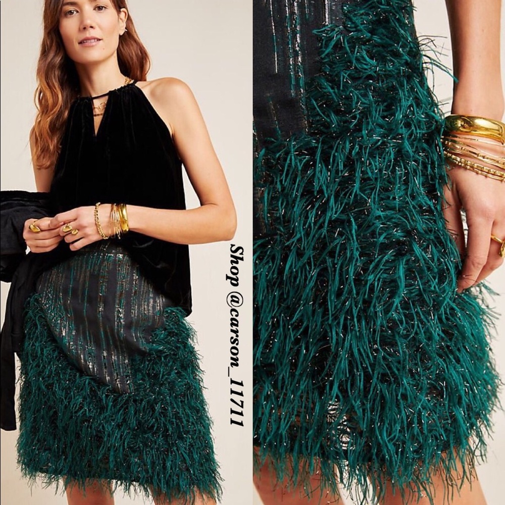Anthropologie Emerald Green Feather-Trim Pencil Skirt
